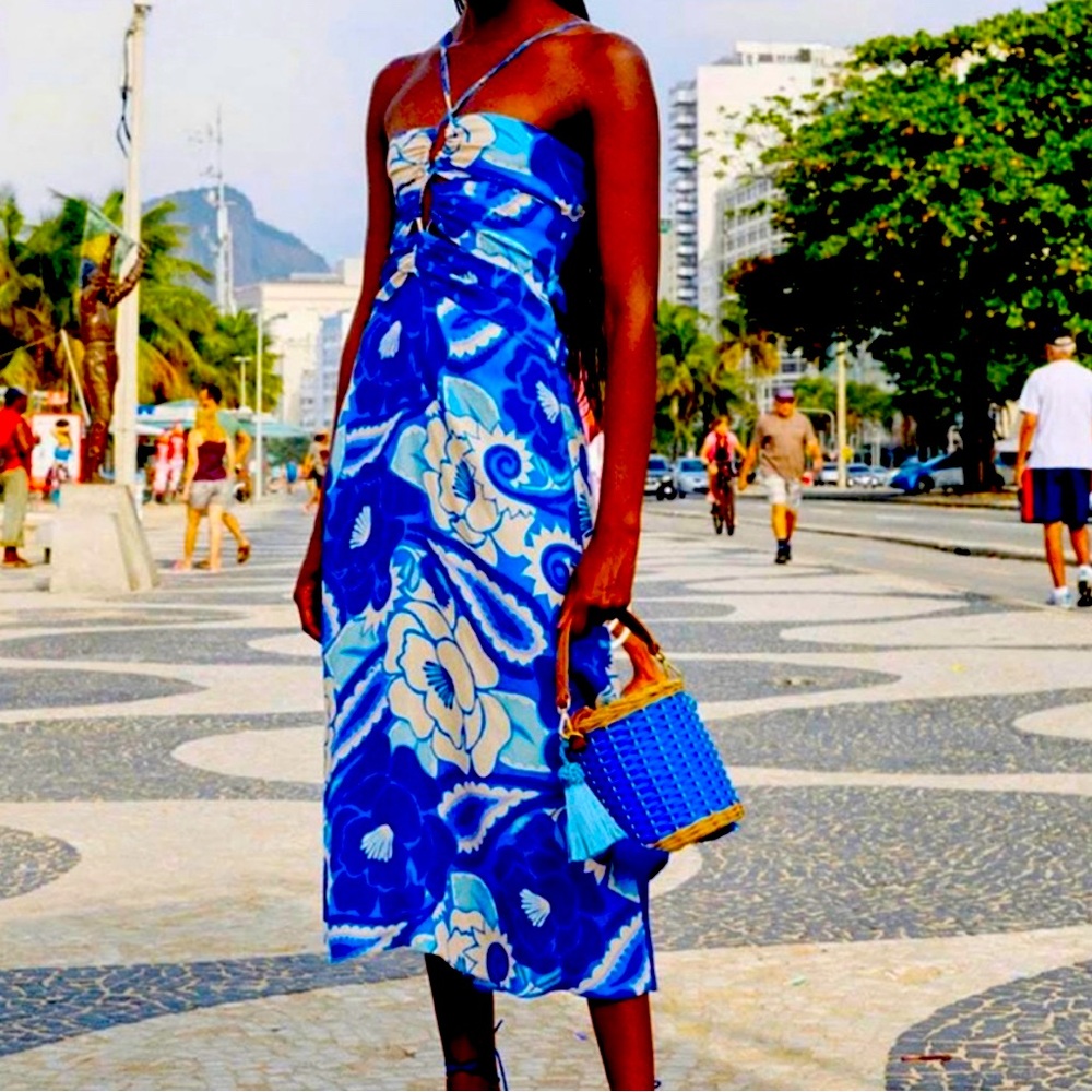 Farm Rio Tropical Groove Blue Midi Dress sz L